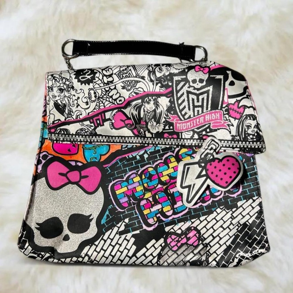 Monster High Bag Pink Black Skull Graphic Y2K 2000s Folder Tote Crossbody Bag